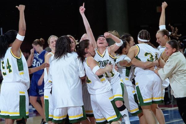 Cal Poly Pomona celebrates after winning its fifth DII women's basketball national championship.