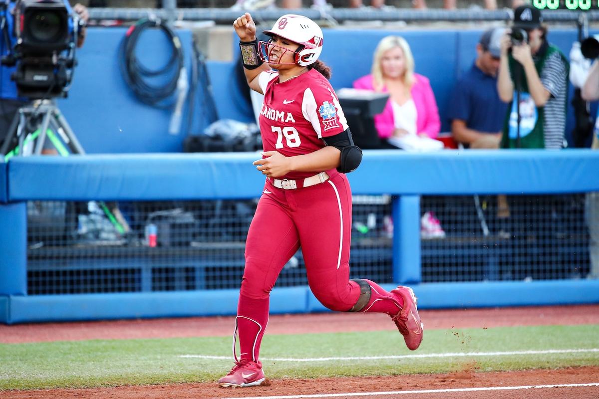 Jocelyn Alo celebrates a home run in Game 1 of the 2022 WCWS championship. 