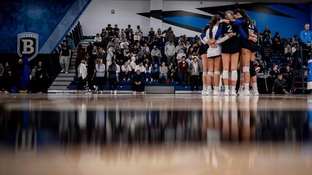 Bentley huddles before taking the court in another DII women's volleyball showdown.