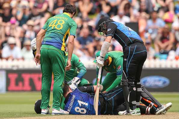 Mitchell McClenaghan was felled by an Anwar Ali bouncer in New Zealand's 70-run win in Wellington.