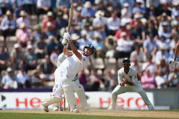Gary Ballance of England hits a straight six off the bowling of Rohit Sharma