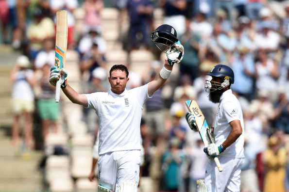 England batsman Ian Bell celebrates his century as Moeen Ali applauds during day two of the 3rd Investec Test at Ageas Bowl on July 28, 2014 in Southampton, England. 