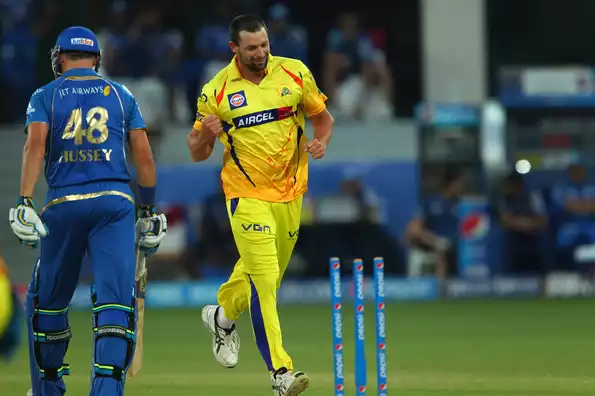 Ben Hilfenhaus celebrates the wicket of Michael Hussey of the Mumbai Indians during match 13 of the Pepsi Indian Premier League Season 7 between the Chennai Superkings and the Mumbai indians held at the Dubai International Stadium, Dubai, United Arab Emirates on the 25th April 2014
Photo by Ron Gaunt / IPL / SPORTZPICS
