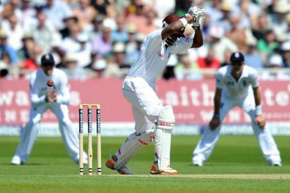 West Indies batsman Kieran Powell plays a shot on the first day of the second Test match between England and West Indies at Trent Bridge in Nottingham. James Anderson and Stuart Broad reduced the West Indies to 84 for four at lunch on the first day of the second Test at Trent Bridge, as the tourists suffered another collapse.