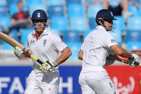 England captain Andrew Strauss (left) and fellow teammate Alastair Cook run between the wickets during the opening Test match against Pakistan at the Dubai International Cricket Stadium on January 17. Cook is hoping he and Strauss will provide England with a good platform when they walk for a 100th time together in the second Test against Pakistan on January 25.