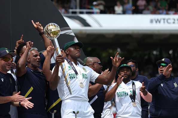 Kagiso Rabada holds the WTC mace aloft