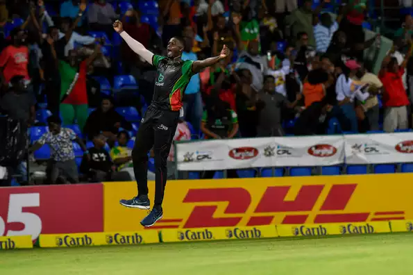 Jason Holder celebrates after winning the game for St Kitts and Nevis Patriots 