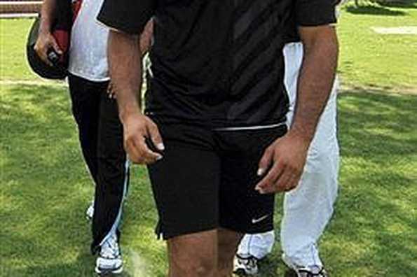 Pakistani paceman Shoaib Akhtar arrives for a fitness test in Lahore on April 3. Akhtar has recovered fully from a knee injury to win a place in Pakistan's 15-man squad for this month's series against Australia.
