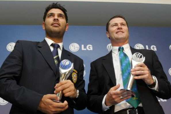 India's Yuvraj Singh (L) poses with Australian umpire Simon Taufel at the International Cricket Council (ICC) Awards ceremony in Dubai on September 10. Taufel was named as the ICC's Umpire of the Year for the fifth year in a row while Singh was awarded for the Twenty20 international performance of the year.